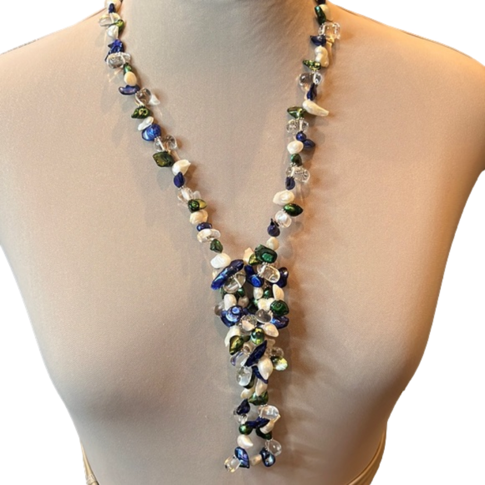Mother of pearl and glass beaded string necklace in iridescent blue and green
